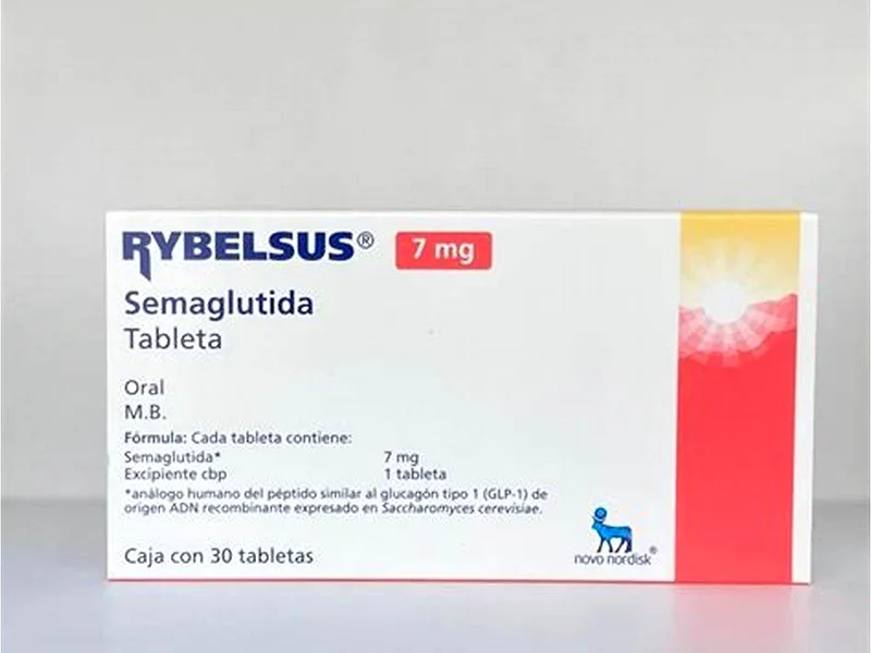 Caixa e comprimido de Rybelsus 7 mg, dose de manutenção da semaglutida oral